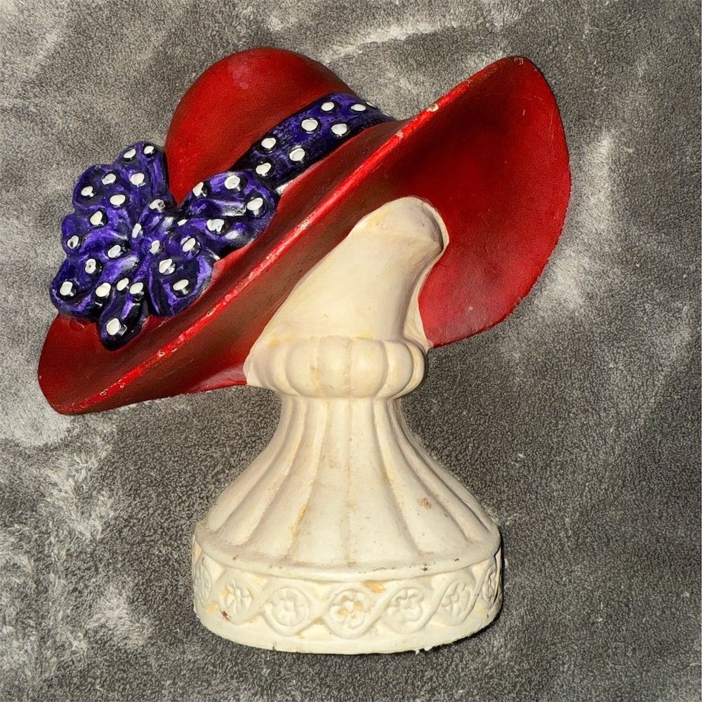 Vintage Red Hat society Cast Iron Doorstop with Purple Polka Dot Bow